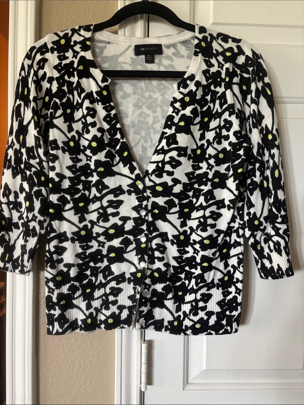 AB Studio Black & White Floral Button-Front Top with Lime Dots